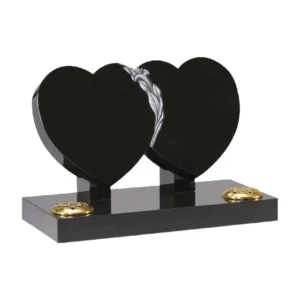 Black Granite Double Heart Memorial with Carved Highlighted Lily