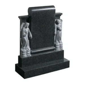 Dark Grey Granite Memorial with Two Hand-Carved Angels and Scroll